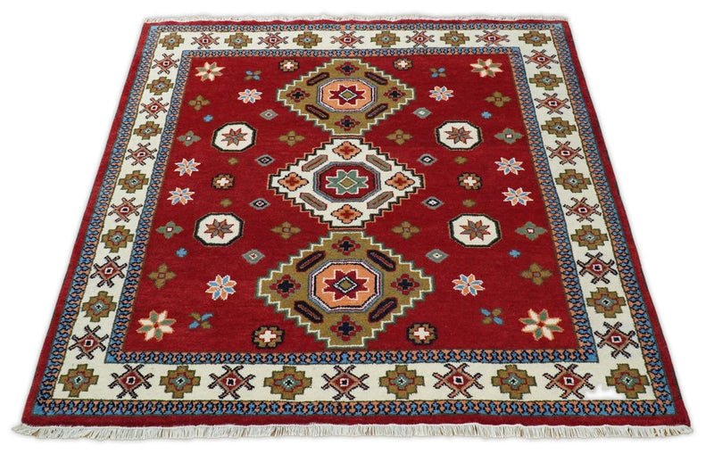 6x6 Square Hand Knotted Antique Kazak Red and Ivory Traditional Tribal Armenian Rug | KZA15