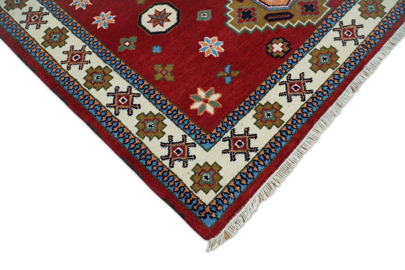 6x6 Square Hand Knotted Antique Kazak Red and Ivory Traditional Tribal Armenian Rug | KZA15