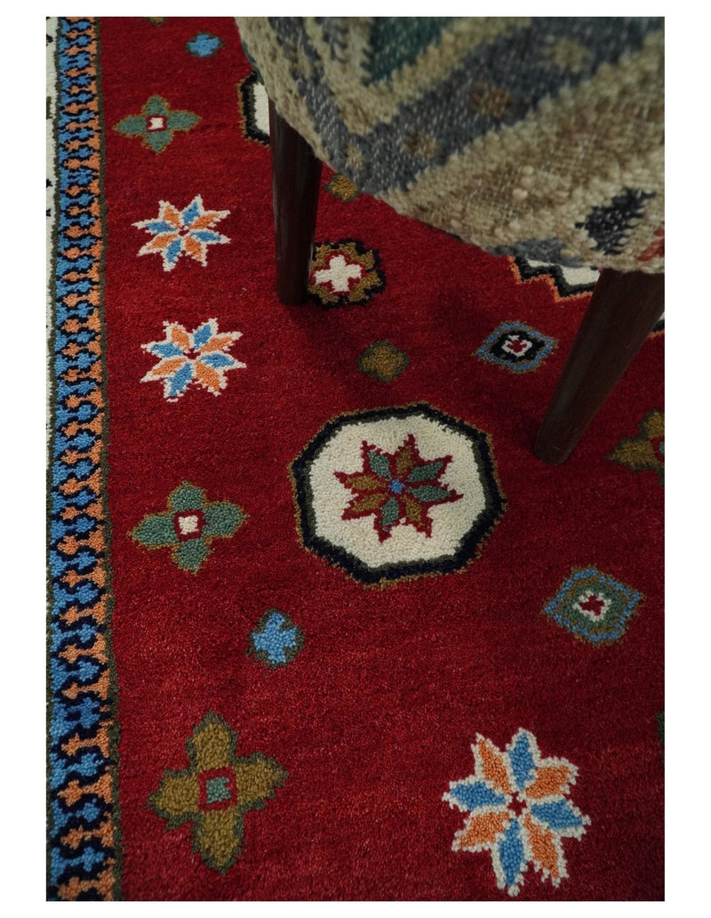 6x6 Square Hand Knotted Antique Kazak Red and Ivory Traditional Tribal Armenian Rug | KZA15