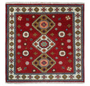6x6 Square Hand Knotted Antique Kazak Red and Ivory Traditional Tribal Armenian Rug | KZA15