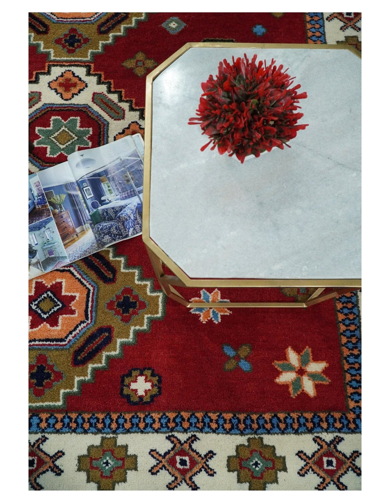 6x6 Square Hand Knotted Antique Kazak Red and Ivory Traditional Tribal Armenian Rug | KZA15