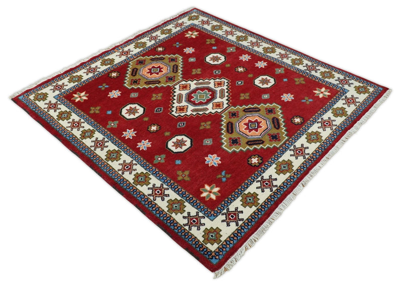 6x6 Square Hand Knotted Antique Kazak Red and Ivory Traditional Tribal Armenian Rug | KZA15