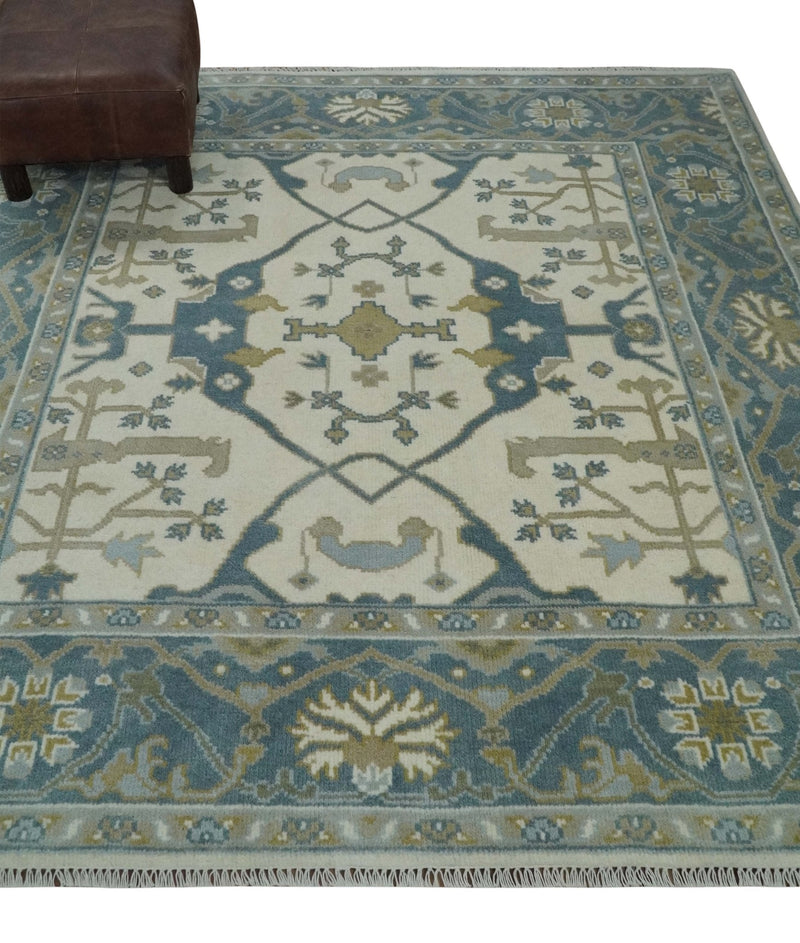 6x6 Square Hand Knotted Oriental Oushak Ivory, Blue and Beige Wool Area Rug | TRDCP153466SS