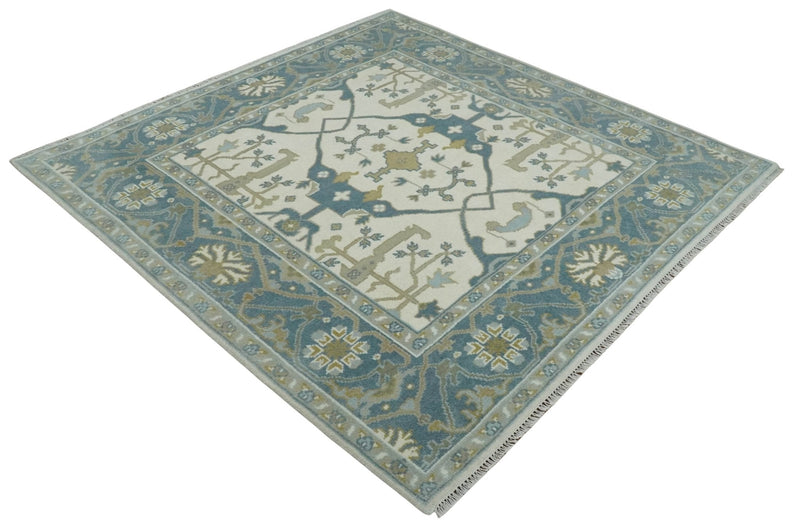 6x6 Square Hand Knotted Oriental Oushak Ivory, Blue and Beige Wool Area Rug | TRDCP153466SS