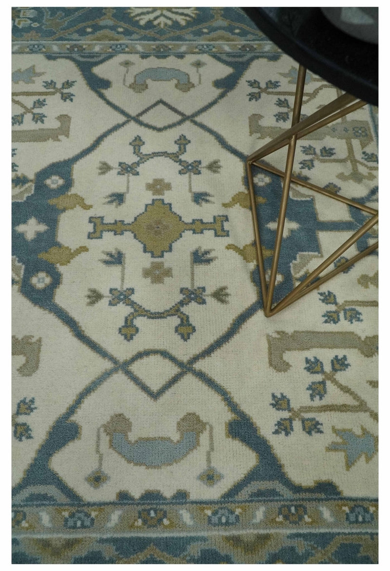 6x6 Square Hand Knotted Oriental Oushak Ivory, Blue and Beige Wool Area Rug | TRDCP153466SS