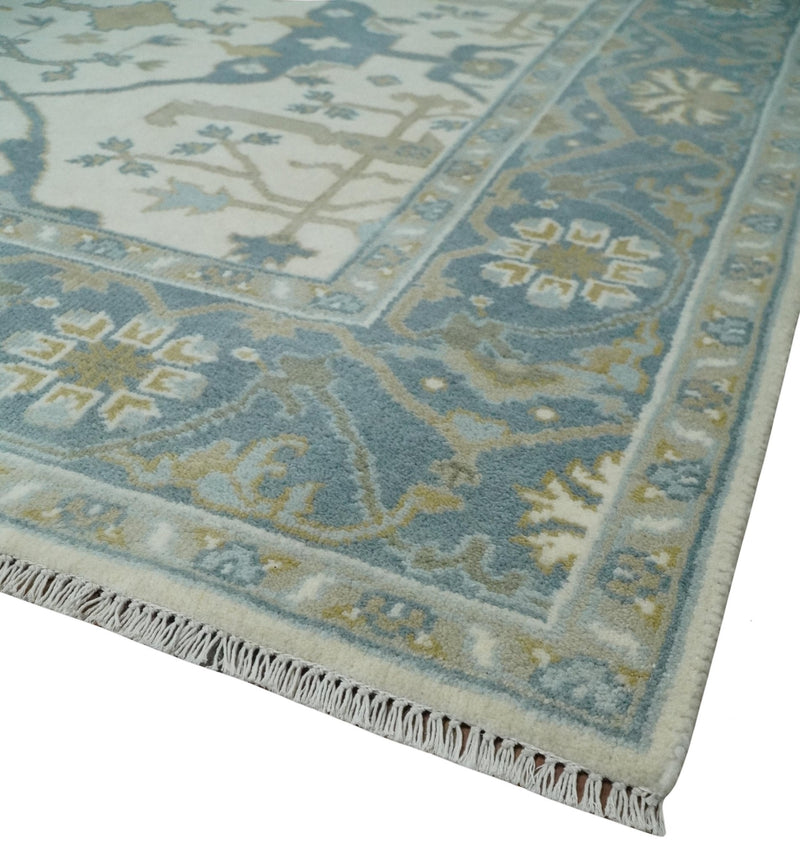 6x6 Square Hand Knotted Oriental Oushak Ivory, Blue and Beige Wool Area Rug | TRDCP153466SS