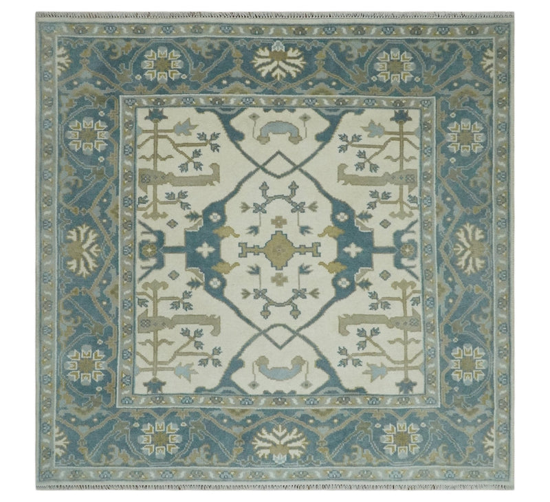6x6 Square Hand Knotted Oriental Oushak Ivory, Blue and Beige Wool Area Rug | TRDCP153466SS