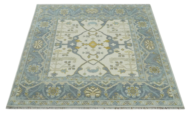 6x6 Square Hand Knotted Oriental Oushak Ivory, Charcoal and Beige Wool Area Rug