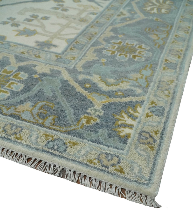 6x6 Square Hand Knotted Oriental Oushak Ivory, Charcoal and Beige Wool Area Rug