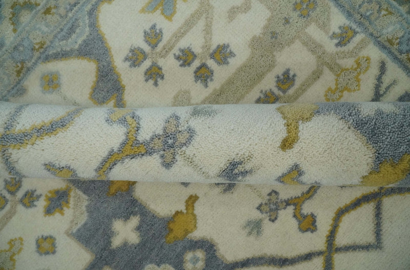 6x6 Square Hand Knotted Oriental Oushak Ivory, Charcoal and Beige Wool Area Rug