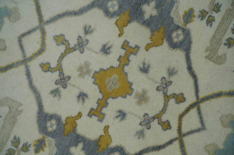 6x6 Square Hand Knotted Oriental Oushak Ivory, Charcoal and Beige Wool Area Rug