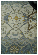 6x6 Square Hand Knotted Oriental Oushak Ivory, Charcoal and Beige Wool Area Rug
