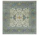 6x6 Square Hand Knotted Oriental Oushak Ivory, Charcoal and Beige Wool Area Rug