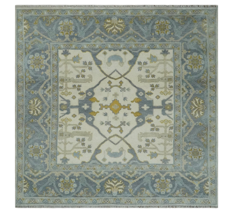 6x6 Square Hand Knotted Oriental Oushak Ivory, Charcoal and Beige Wool Area Rug