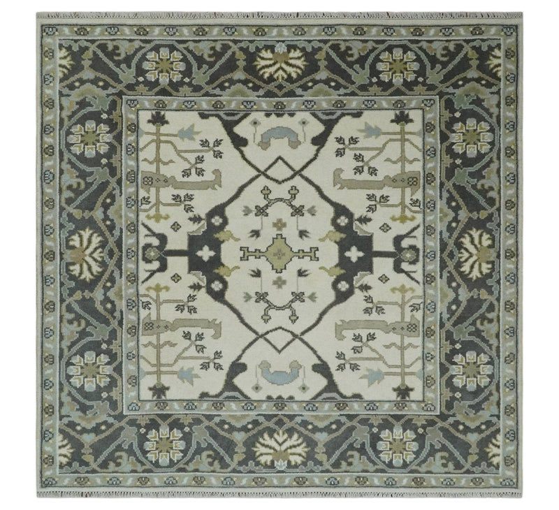 6x6 Square Hand Knotted Oriental Oushak Ivory, Charcoal and Olive Wool Area Rug | TRDCP153266SS