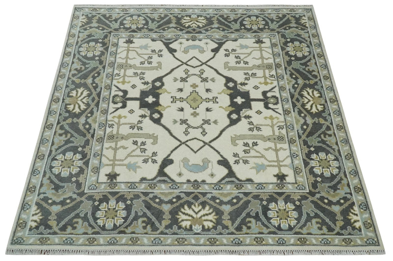6x6 Square Hand Knotted Oriental Oushak Ivory, Charcoal and Olive Wool Area Rug | TRDCP153266SS