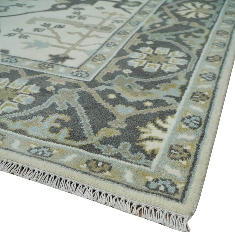 6x6 Square Hand Knotted Oriental Oushak Ivory, Charcoal and Olive Wool Area Rug | TRDCP153266SS