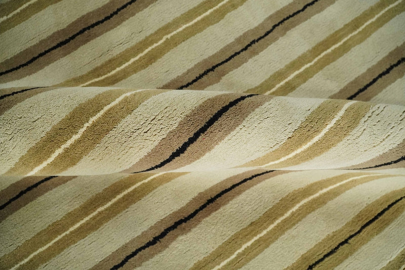 6x8 Beige, Olive and Brown Stripes Hand Tufted Wool Area Rug