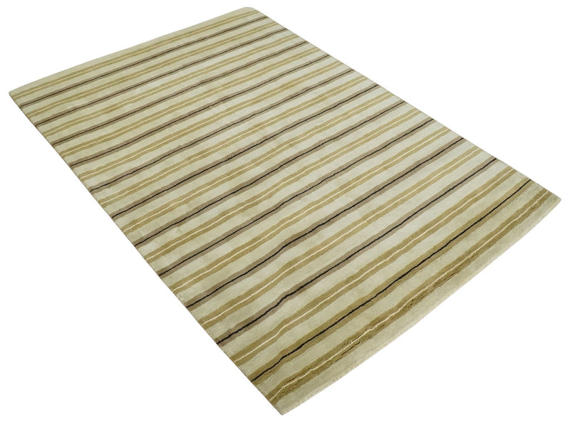 6x8 Beige, Olive and Brown Stripes Hand Tufted Wool Area Rug