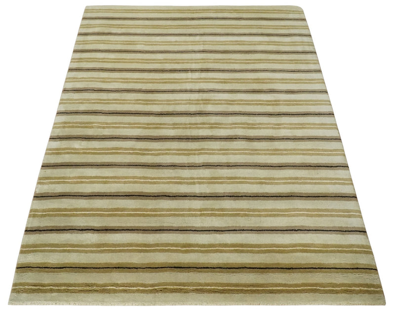 6x8 Beige, Olive and Brown Stripes Hand Tufted Wool Area Rug