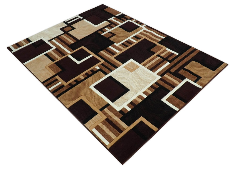 6x8 Power Loomed Brown, Gold, Ivory and Black Geometrical Shapes Frames Area Rug | NMM2