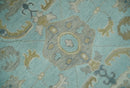 Blue Brown and Ivory Hand Knotted Oushak Wool Area Rug - Traditional Turkish Style