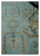 Blue Brown and Ivory Hand Knotted Oushak Wool Area Rug - Traditional Turkish Style