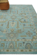 Blue Brown and Ivory Hand Knotted Oushak Wool Area Rug - Traditional Turkish Style