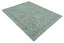 Blue Brown and Ivory Hand Knotted Oushak Wool Area Rug - Traditional Turkish Style