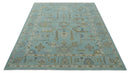 Blue Brown and Ivory Hand Knotted Oushak Wool Area Rug - Traditional Turkish Style