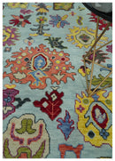 Wool Area Rug Hand Knotted Blue and Beige - Modern Oushak Style Turkish Craftsmanship