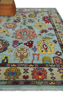 Wool Area Rug Hand Knotted Blue and Beige - Modern Oushak Style Turkish Craftsmanship