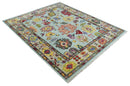 Wool Area Rug Hand Knotted Blue and Beige - Modern Oushak Style Turkish Craftsmanship