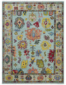 Wool Area Rug Hand Knotted Blue and Beige - Modern Oushak Style Turkish Craftsmanship