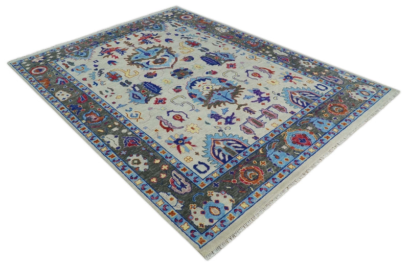 Custom Made Ivory and Gray Vibrant Colorful Hand knotted Traditional Oushak wool Area Rug