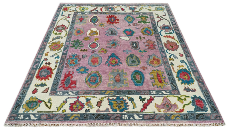 Custom Made Purple and Ivory Vibrant Colorful Hand knotted Traditional Oushak wool Area Rug