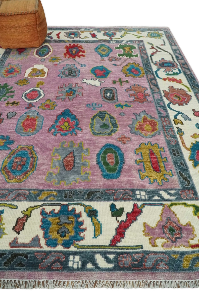 Custom Made Purple and Ivory Vibrant Colorful Hand knotted Traditional Oushak wool Area Rug