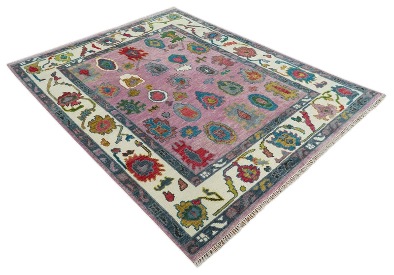 Custom Made Purple and Ivory Vibrant Colorful Hand knotted Traditional Oushak wool Area Rug