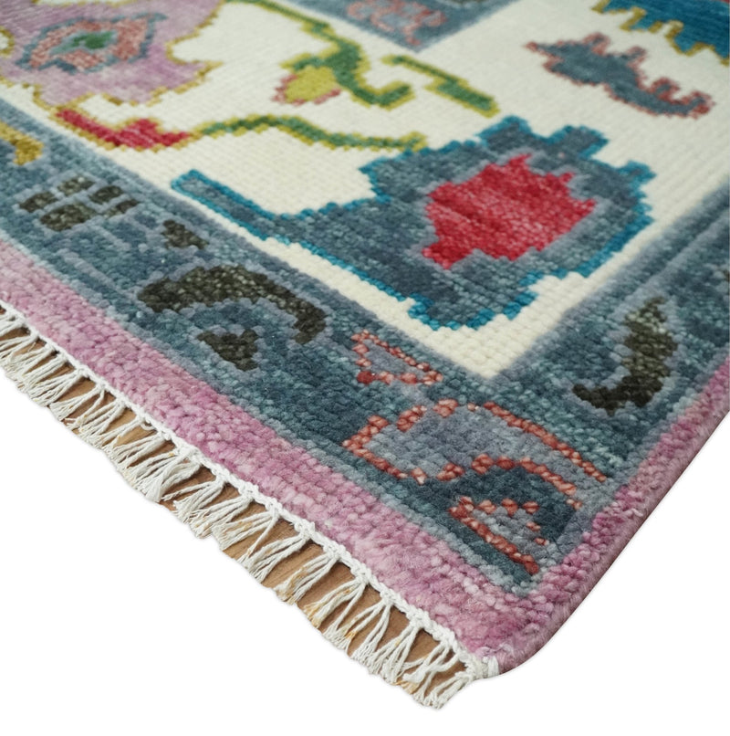 Custom Made Purple and Ivory Vibrant Colorful Hand knotted Traditional Oushak wool Area Rug