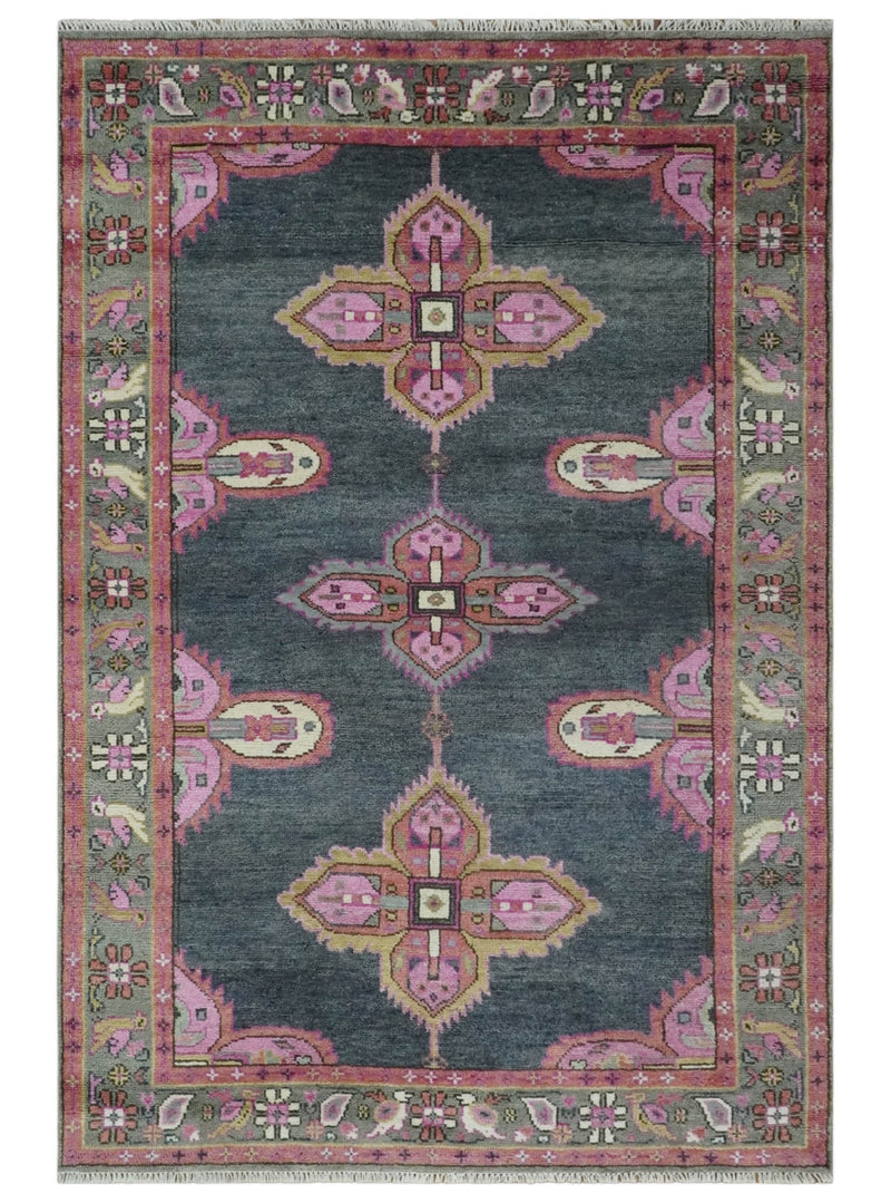 6x9 and 8x10 Hand Knotted Gray, Silver and Pink Traditional Wool Area Rug