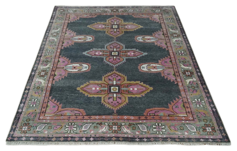 6x9 and 8x10 Hand Knotted Gray, Silver and Pink Traditional Wool Area Rug