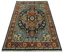 Custom Made Traditional Blue and Rust Hand Knotted Wool Area Rug