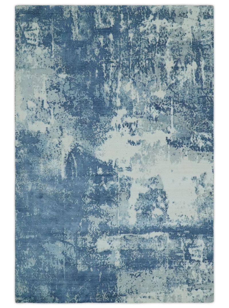 6x9 Blue, Ivory and Gray Modern Abstract Hand Loomed Blended wool and Art silk Area Rug