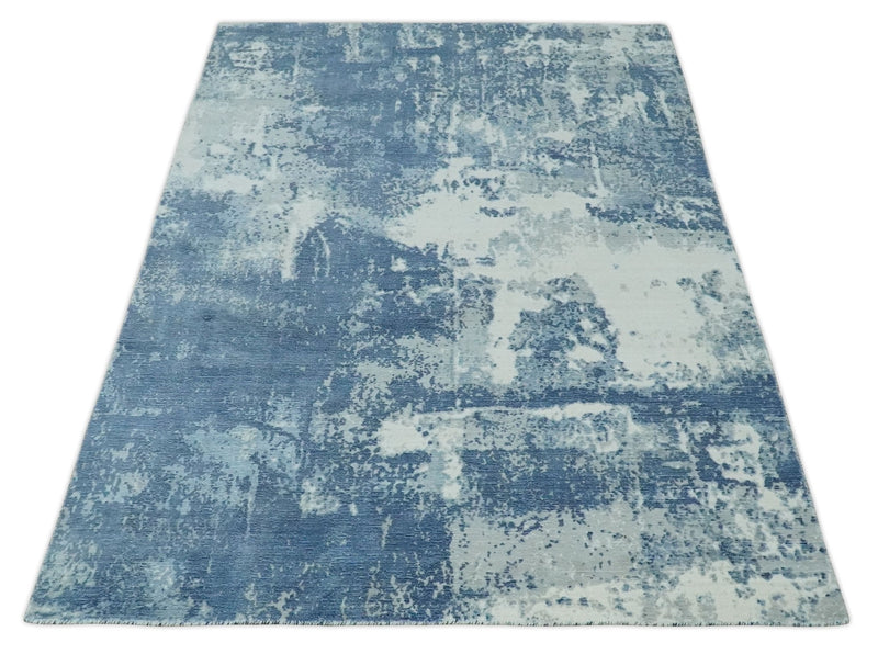 6x9 Blue, Ivory and Gray Modern Abstract Hand Loomed Blended wool and Art silk Area Rug