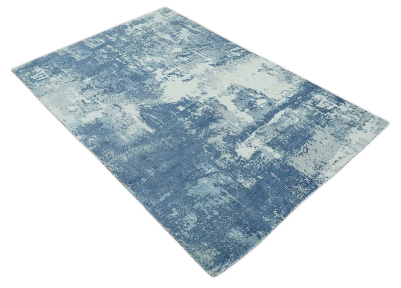 6x9 Blue, Ivory and Gray Modern Abstract Hand Loomed Blended wool and Art silk Area Rug