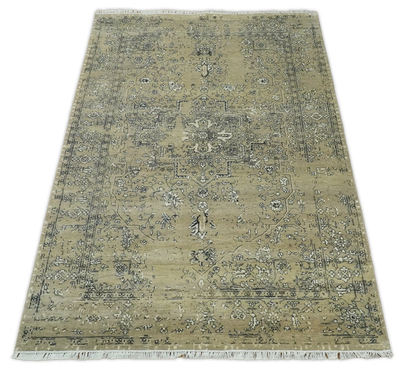 6x9 Fine Hand Knotted Beige and Black Traditional Vintage Persian Style Antique Wool Rug | AGR4