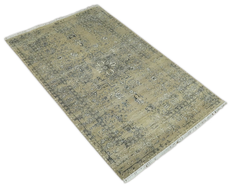 6x9 Fine Hand Knotted Beige and Black Traditional Vintage Persian Style Antique Wool Rug | AGR4