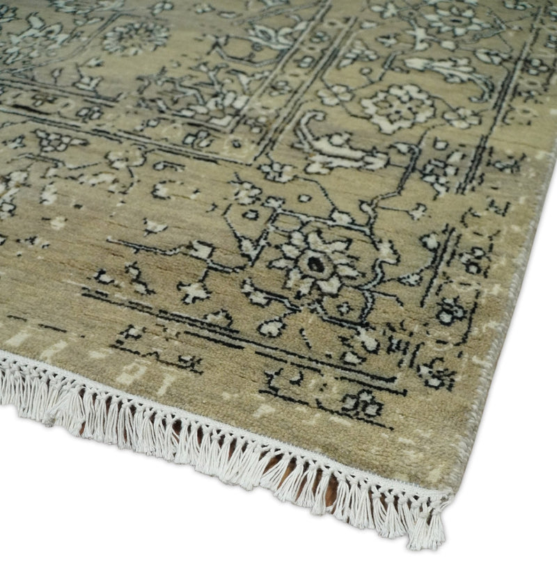 6x9 Fine Hand Knotted Beige and Black Traditional Vintage Persian Style Antique Wool Rug | AGR4