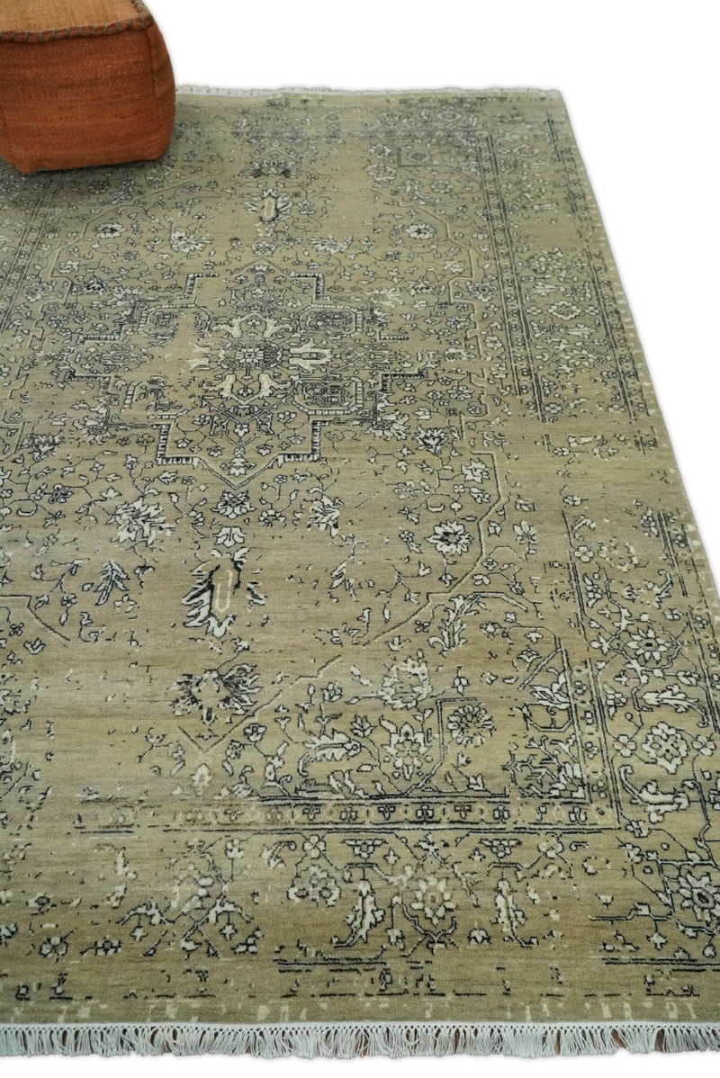 6x9 Fine Hand Knotted Beige and Black Traditional Vintage Persian Style Antique Wool Rug | AGR4