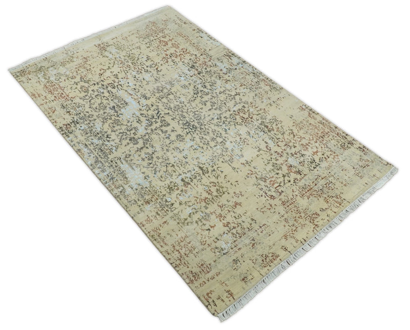 6x9 Fine Hand Knotted Beige and Rust Traditional Vintage Persian Style Antique Wool and Silk Rug | AGR2